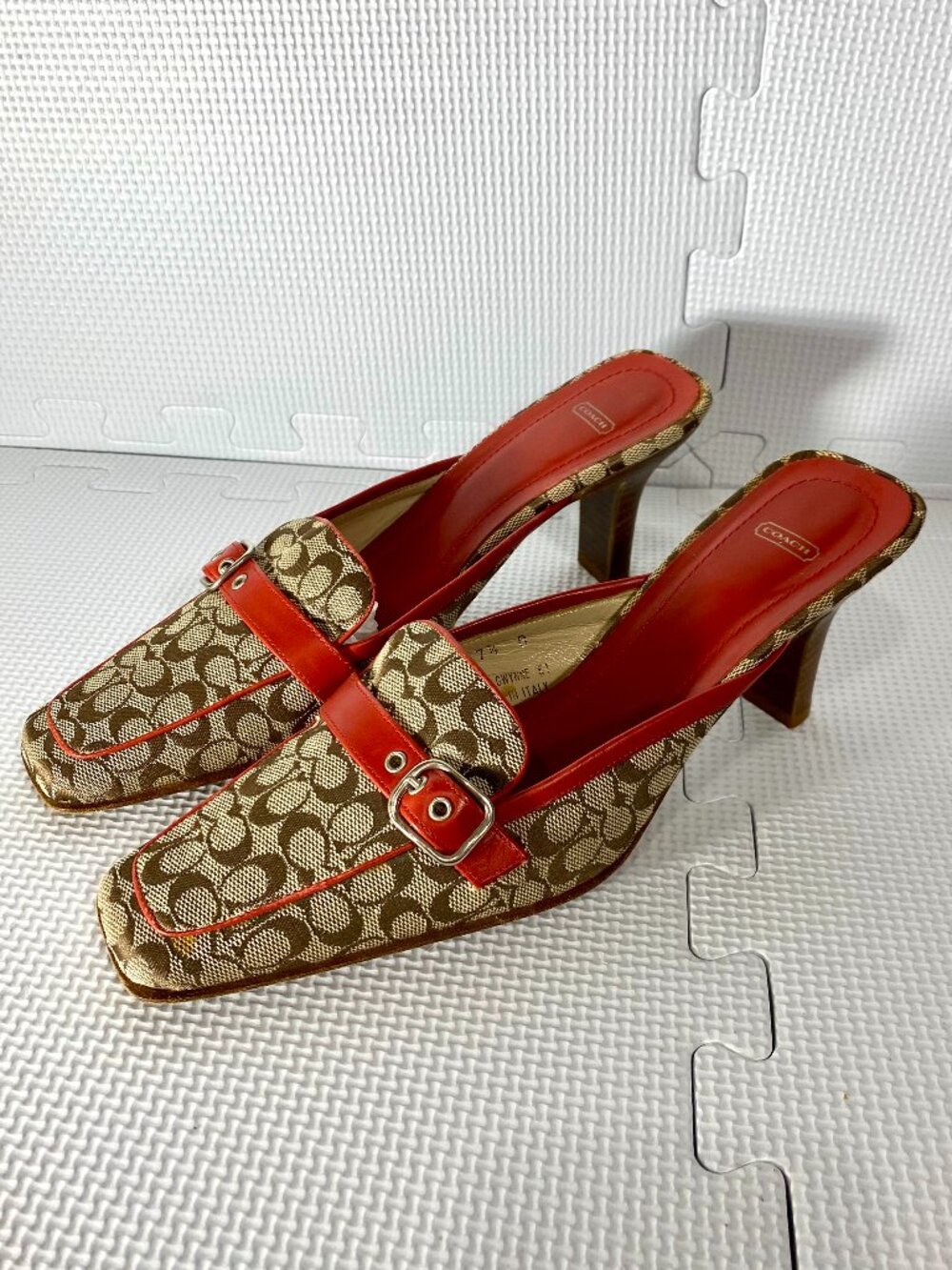 Vintage Coach Italy Gwynne P073 Y2K Signature Logo Canvas Mules Red Leather 7.5B